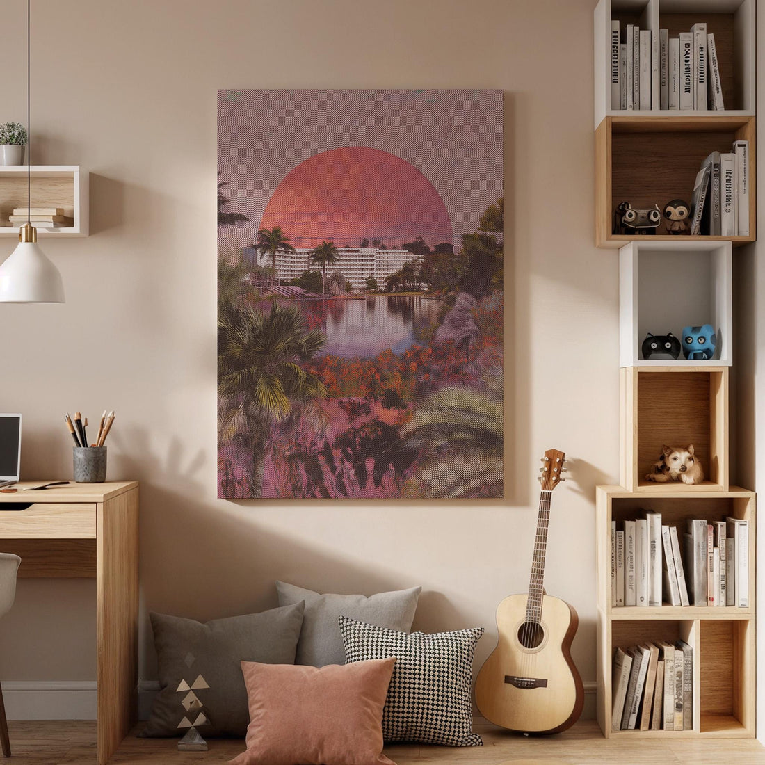 Retro Tropical Sunset Canvas Wall Art, Palm Tree Beach Landscape Print, Framed Vintage Style Nature Artwork for Living Room Bedroom