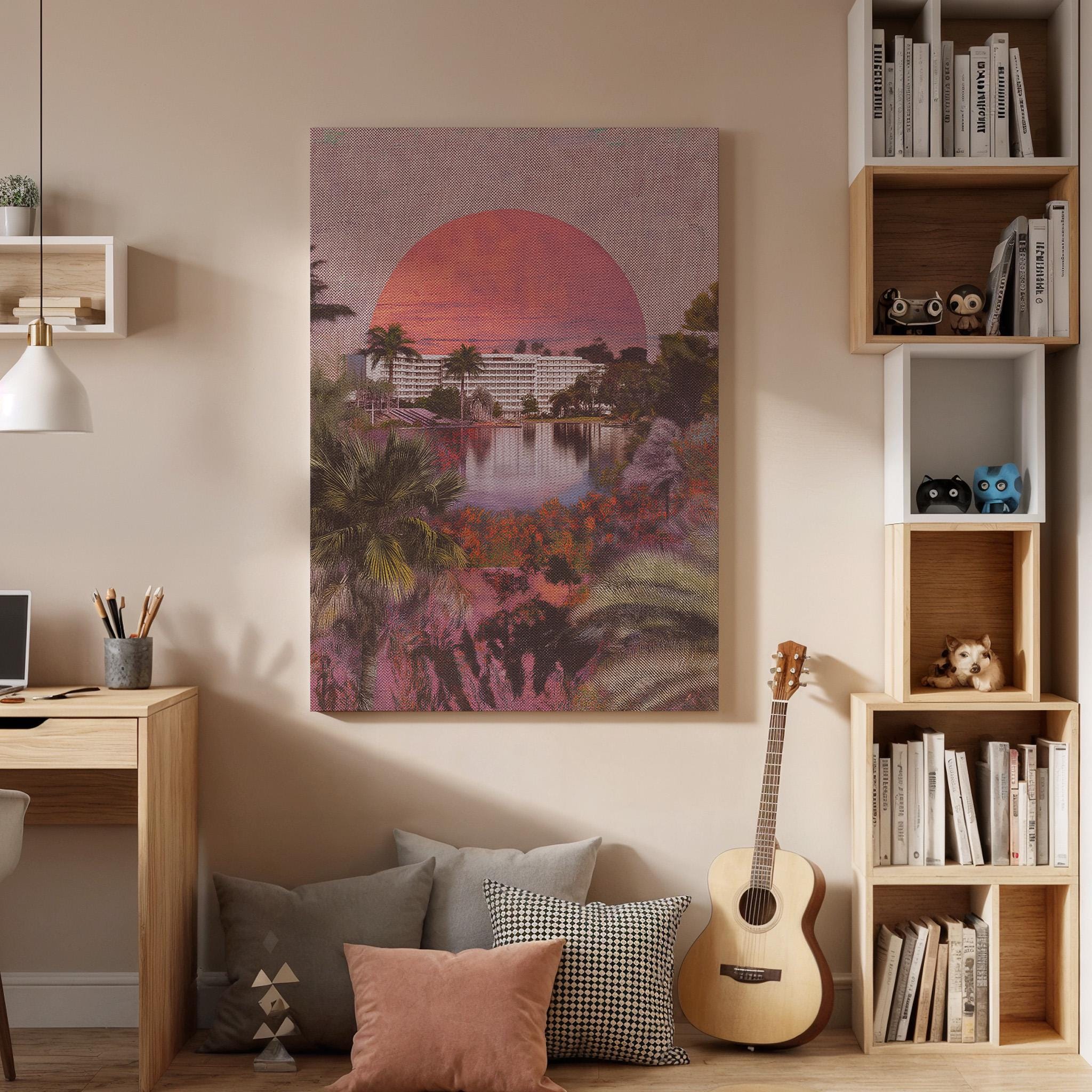 Retro Tropical Sunset Canvas Wall Art, Palm Tree Beach Landscape Print, Framed Vintage Style Nature Artwork for Living Room Bedroom