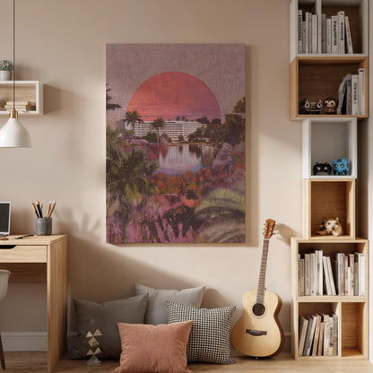 Retro Tropical Sunset Canvas Wall Art, Palm Tree Beach Landscape Print, Framed Vintage Style Nature Artwork for Living Room Bedroom