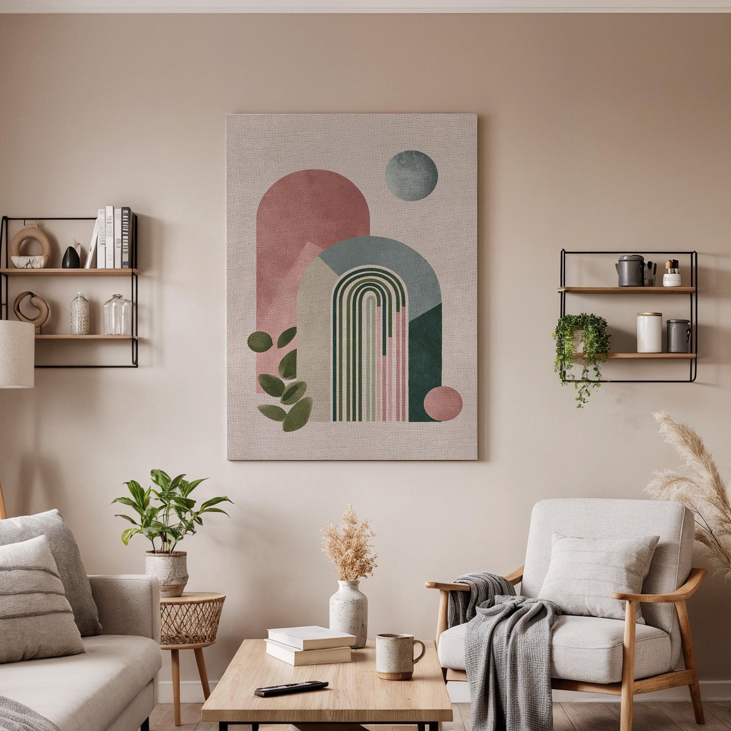 Geometric Abstract Canvas Wall Art, Minimal Rainbow Shapes Print, Modern Boho Framed Artwork, Mid Century Style Decor for Living Room