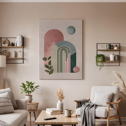 Geometric Abstract Canvas Wall Art, Minimal Rainbow Shapes Print, Modern Boho Framed Artwork, Mid Century Style Decor for Living Room