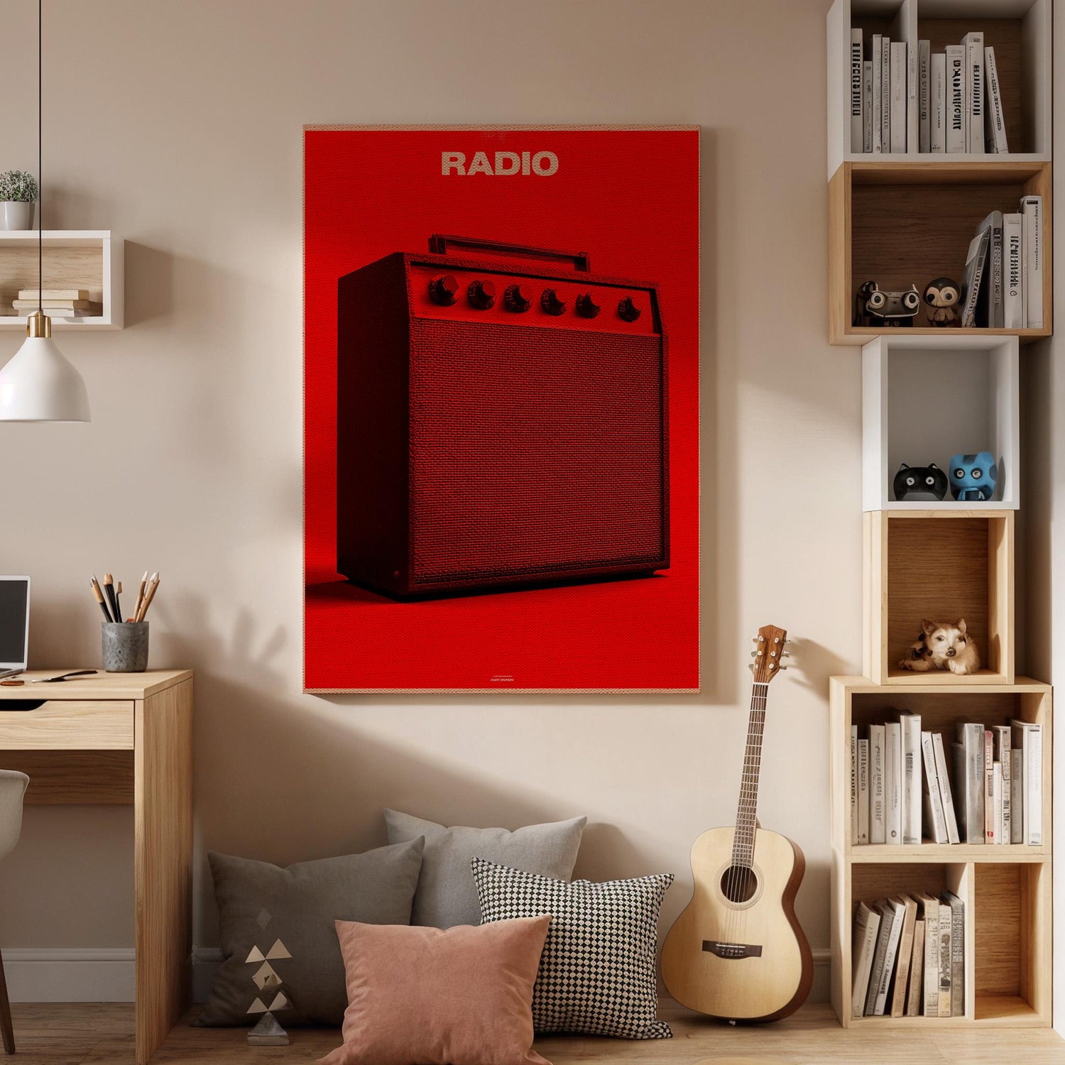 Red Radio Amplifier Canvas Wall Art, Minimal Music Lover Print, Modern Framed Artwork for Studio, Living Room or Bedroom, Bold Pop Art Decor