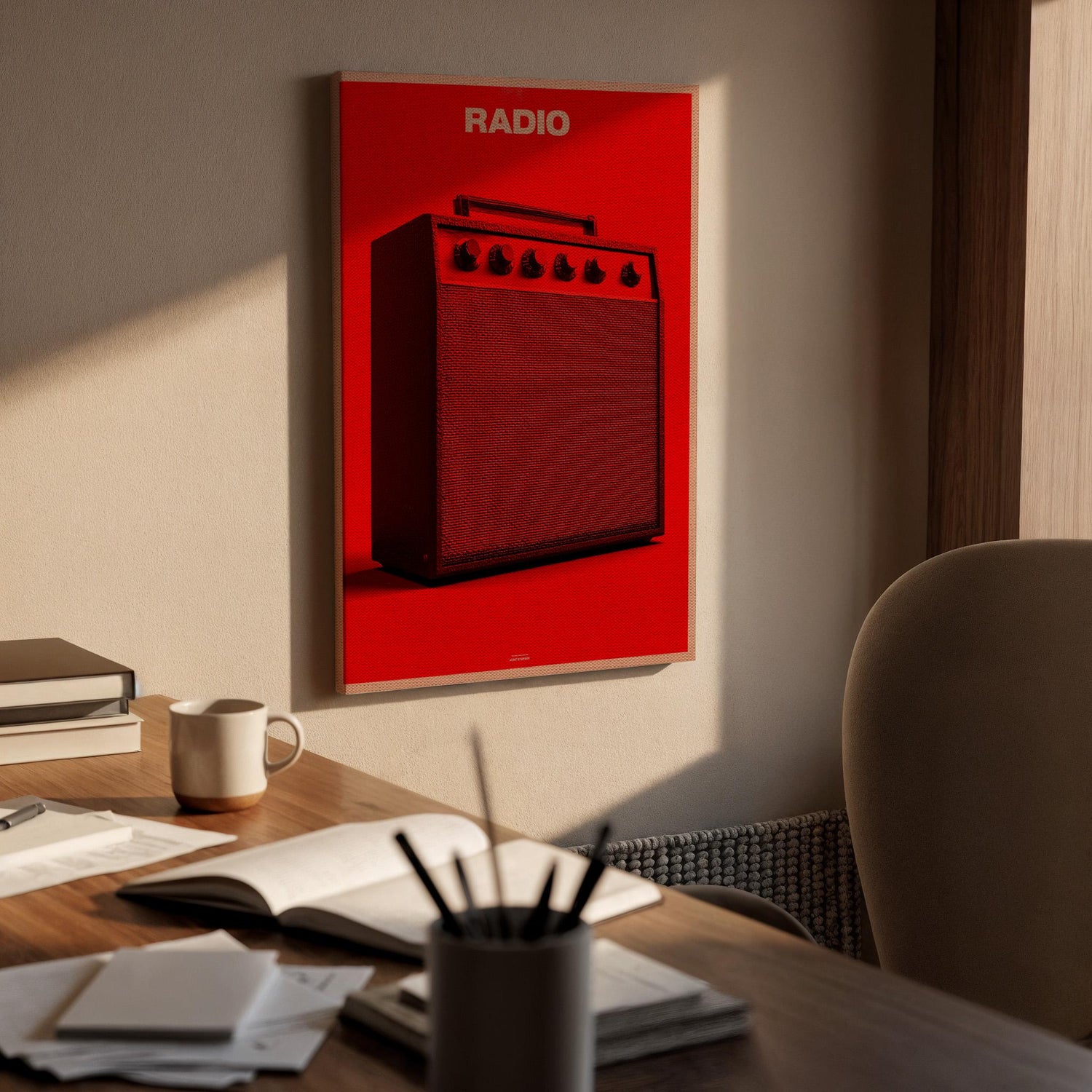 Red Radio Amplifier Canvas Wall Art, Minimal Music Lover Print, Modern Framed Artwork for Studio, Living Room or Bedroom, Bold Pop Art Decor
