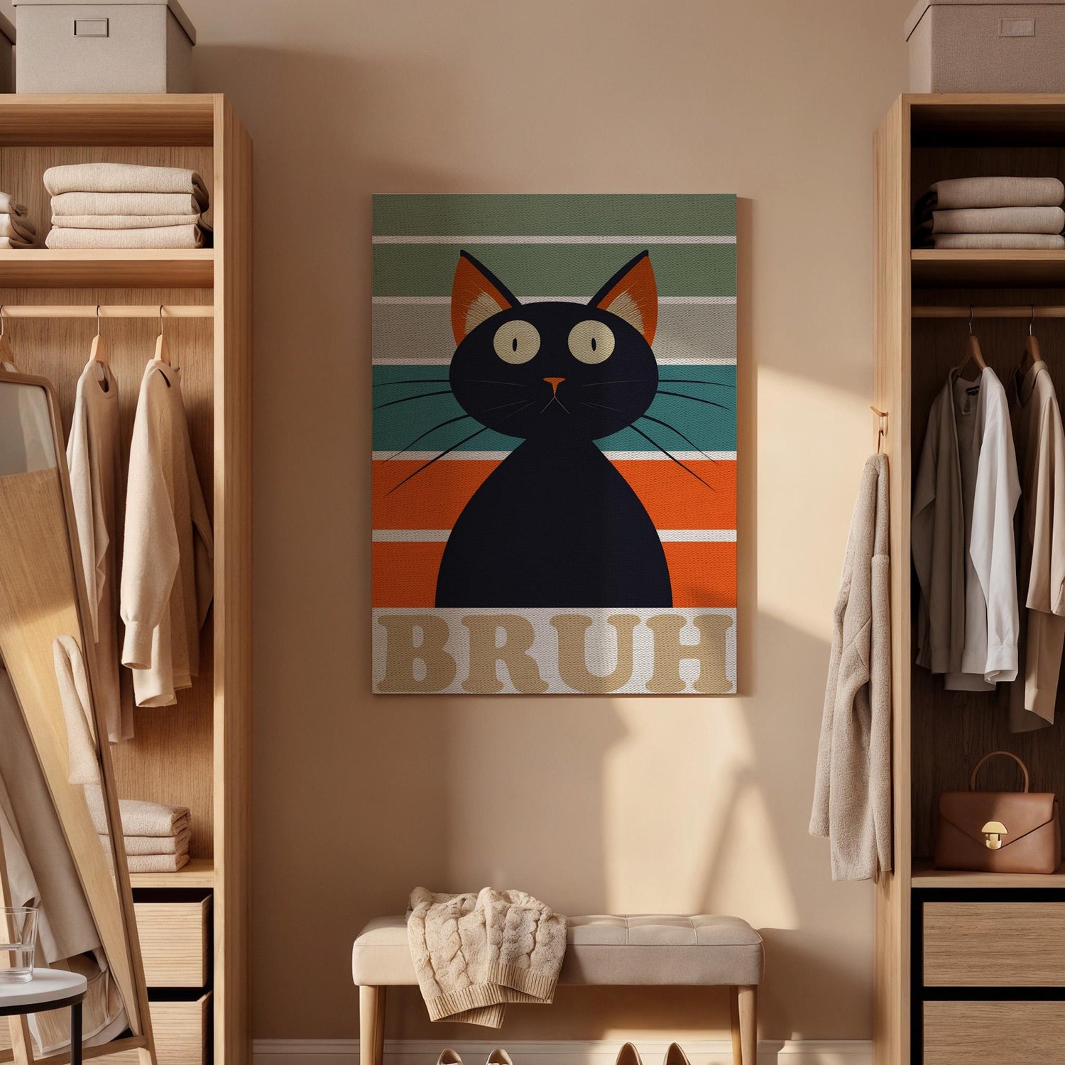 Funny Black Cat Canvas Wall Art Bruh Meme Print, Retro Striped Framed Cat Poster, Humorous Animal Artwork for Living Room or Teen Room