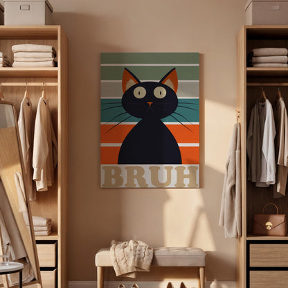 Funny Black Cat Canvas Wall Art Bruh Meme Print, Retro Striped Framed Cat Poster, Humorous Animal Artwork for Living Room or Teen Room