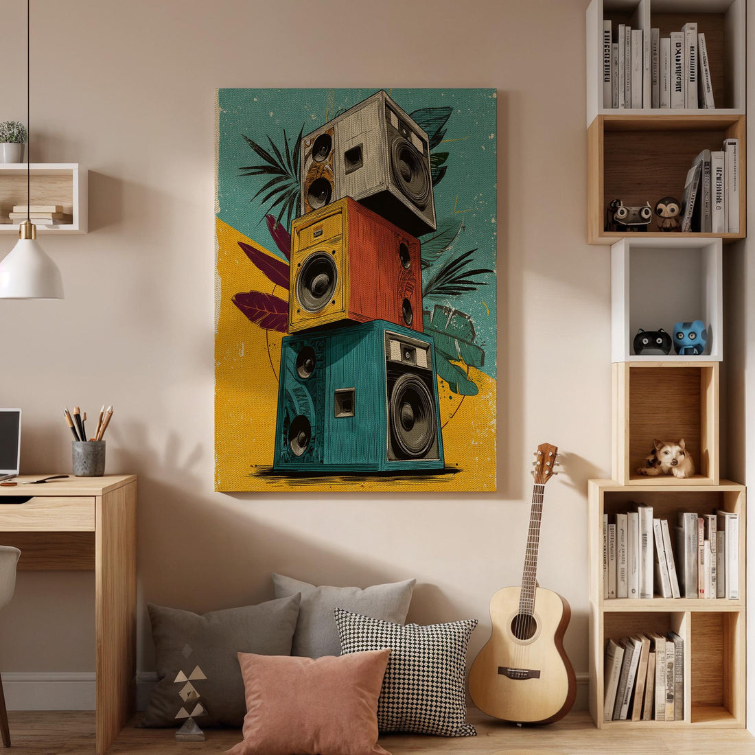 Retro Speaker Canvas Wall Art Framed, Colorful Vintage Sound System Print, Funky Music Room Decor for DJs, Studios or Creative Spaces