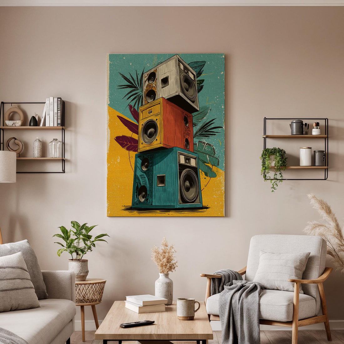 Retro Speaker Canvas Wall Art Framed, Colorful Vintage Sound System Print, Funky Music Room Decor for DJs, Studios or Creative Spaces