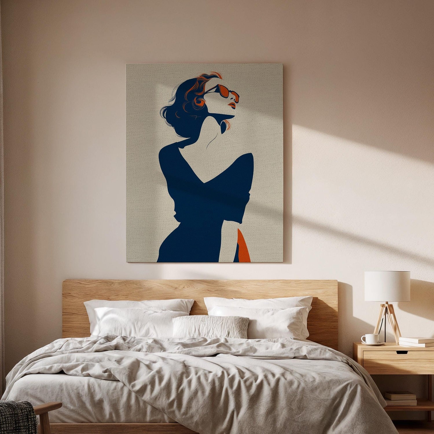 Minimal Woman Canvas Wall Art Framed, Elegant Retro Pop Fashion Silhouette Print, Chic Blue Beige Artwork for Closet or Dressing Room