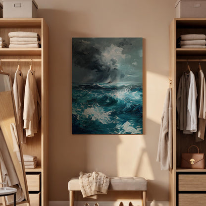 Stormy Ocean Canvas Wall Art, Abstract Seascape Painting Print, Turquoise Blue Waves Artwork, Framed Nautical Decor for Coastal Living Room