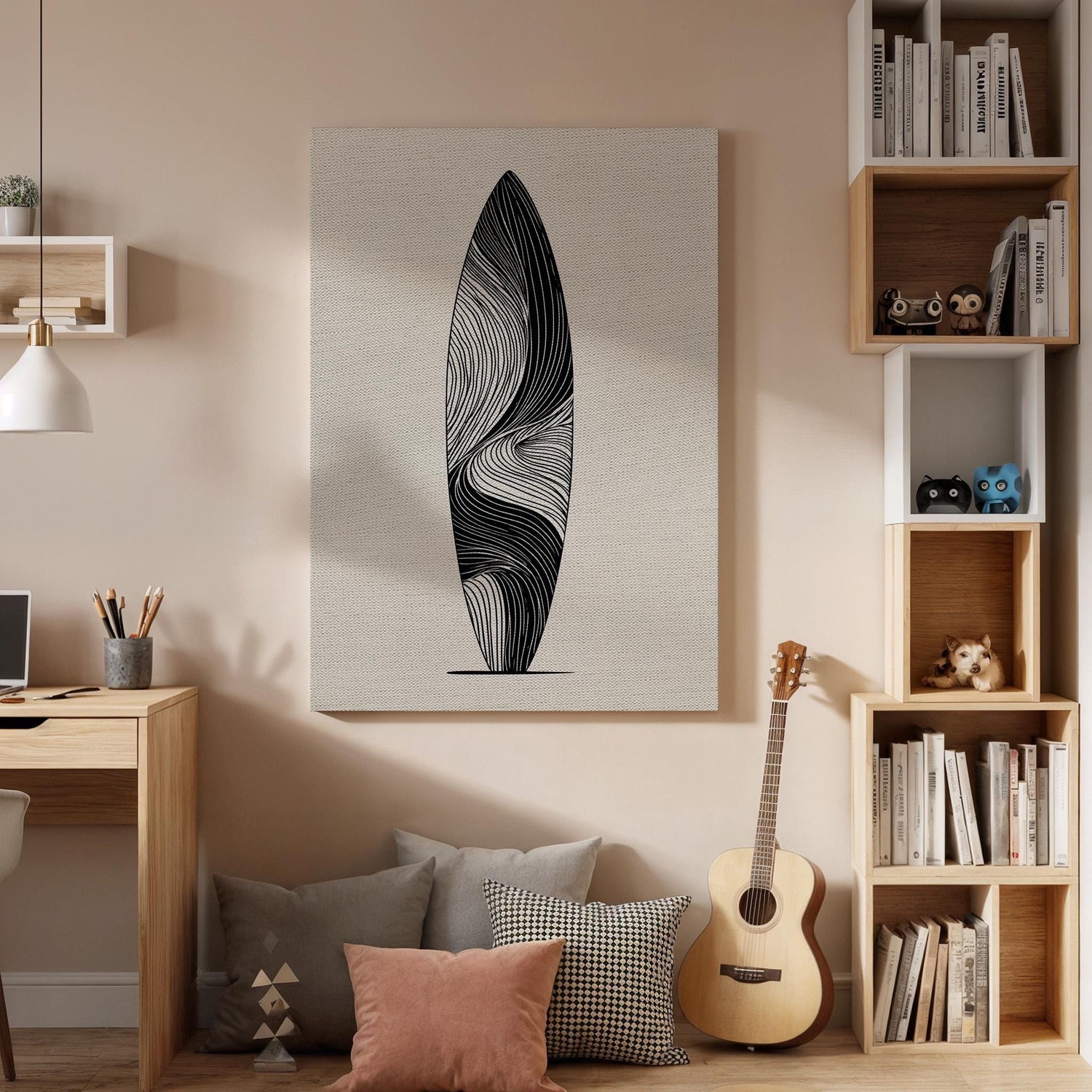 Abstract Surfboard Canvas Wall Art, Black Line Art Print, Minimal Modern Artwork, Framed Geometric Design for Coastal Living Room Bedroom