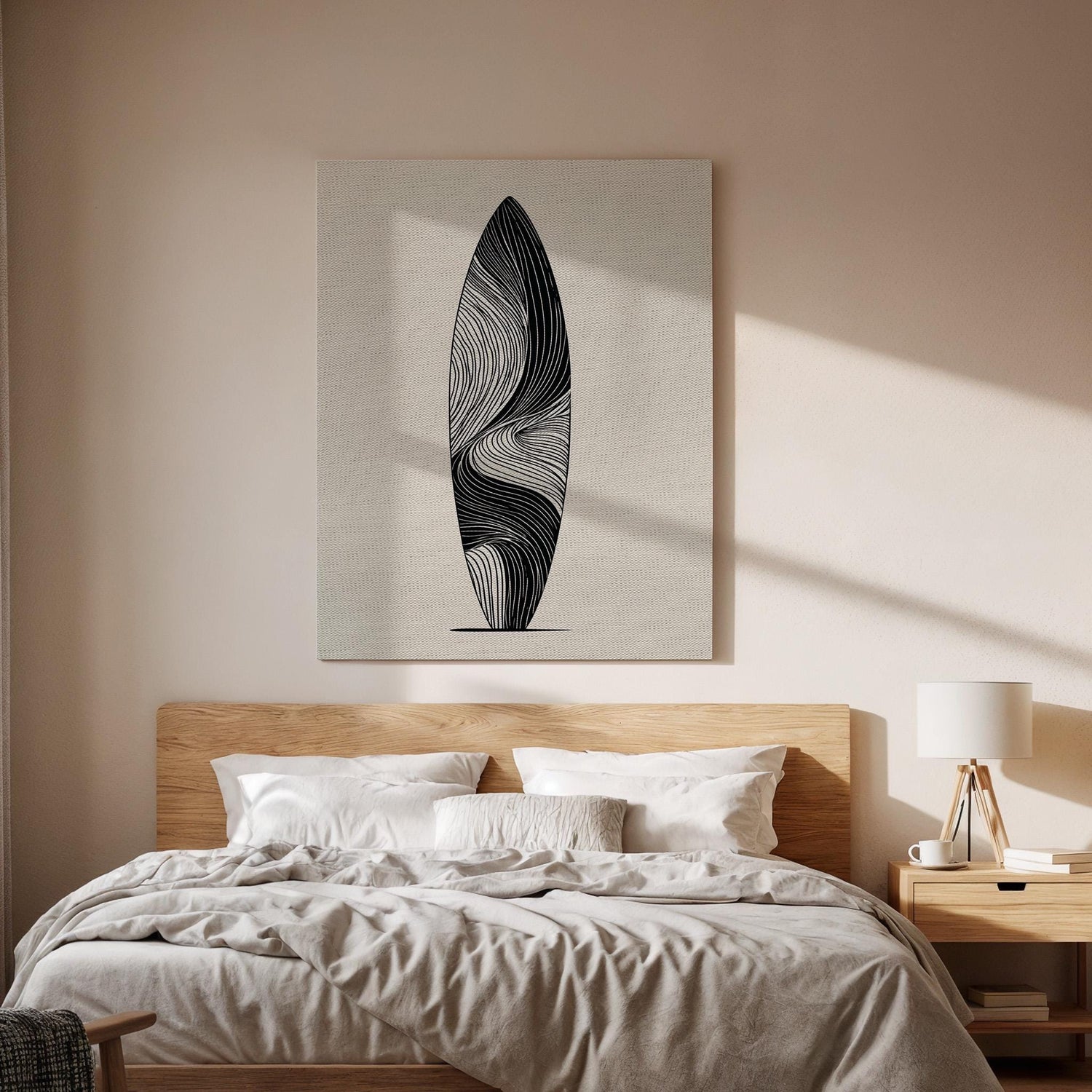 Abstract Surfboard Canvas Wall Art, Black Line Art Print, Minimal Modern Artwork, Framed Geometric Design for Coastal Living Room Bedroom