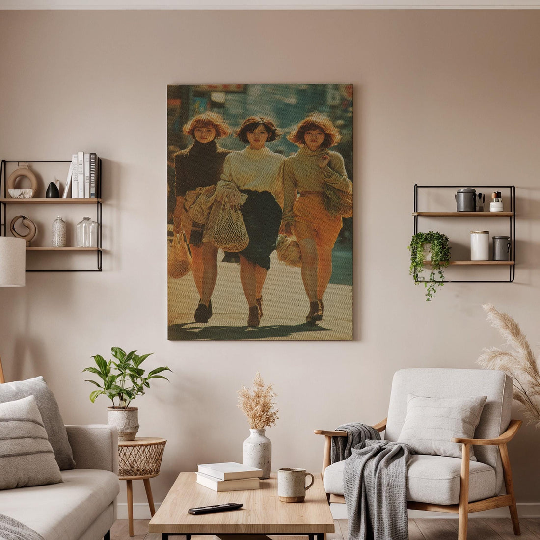 Vintage Fashion Women Canvas Wall Art, Retro Street Style Print,Chic Portrait Artwork, Framed Modern Illustration for Bedroom or Living Room