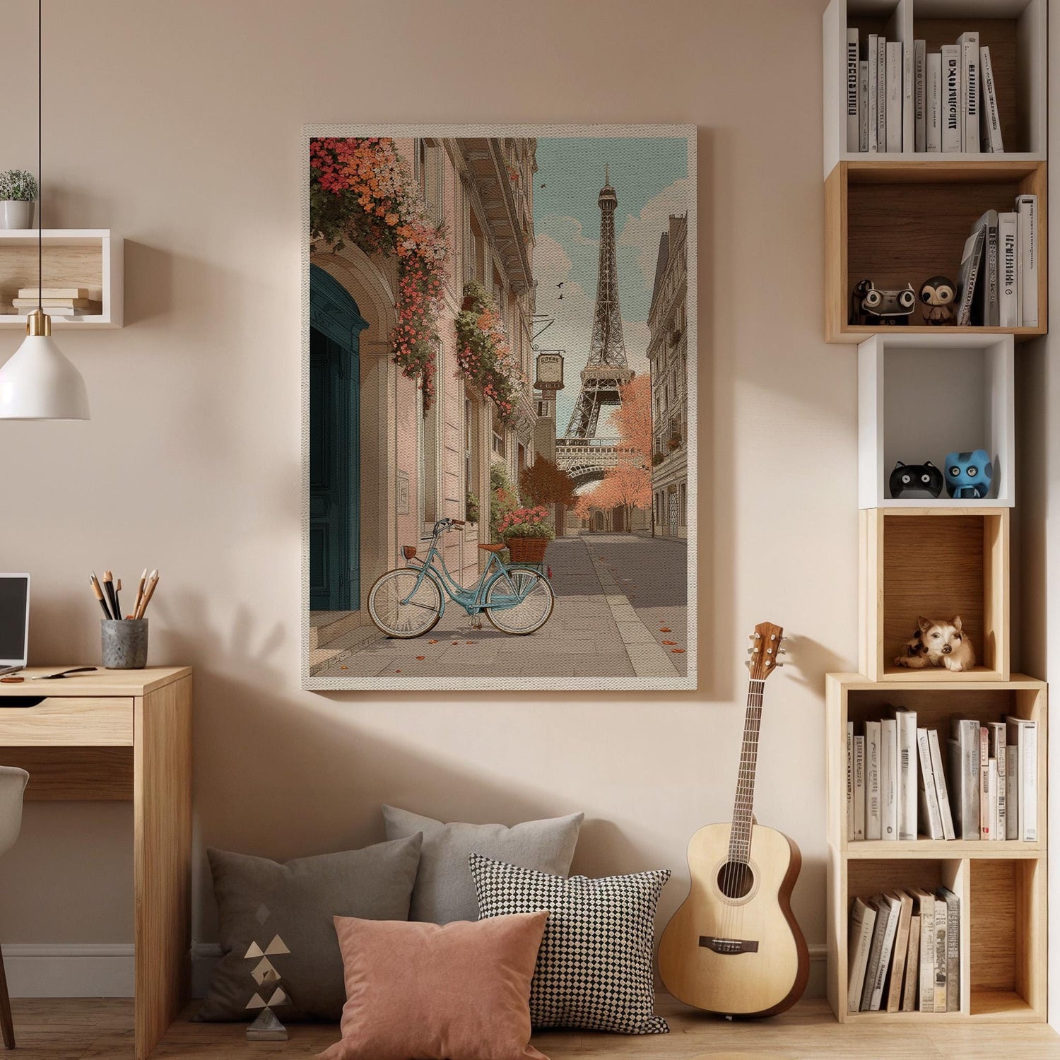 Paris Street Canvas Wall Art, Eiffel Tower Illustration, Vintage Bicycle Print, Romantic French Cityscape, Framed Artwork for Living Room
