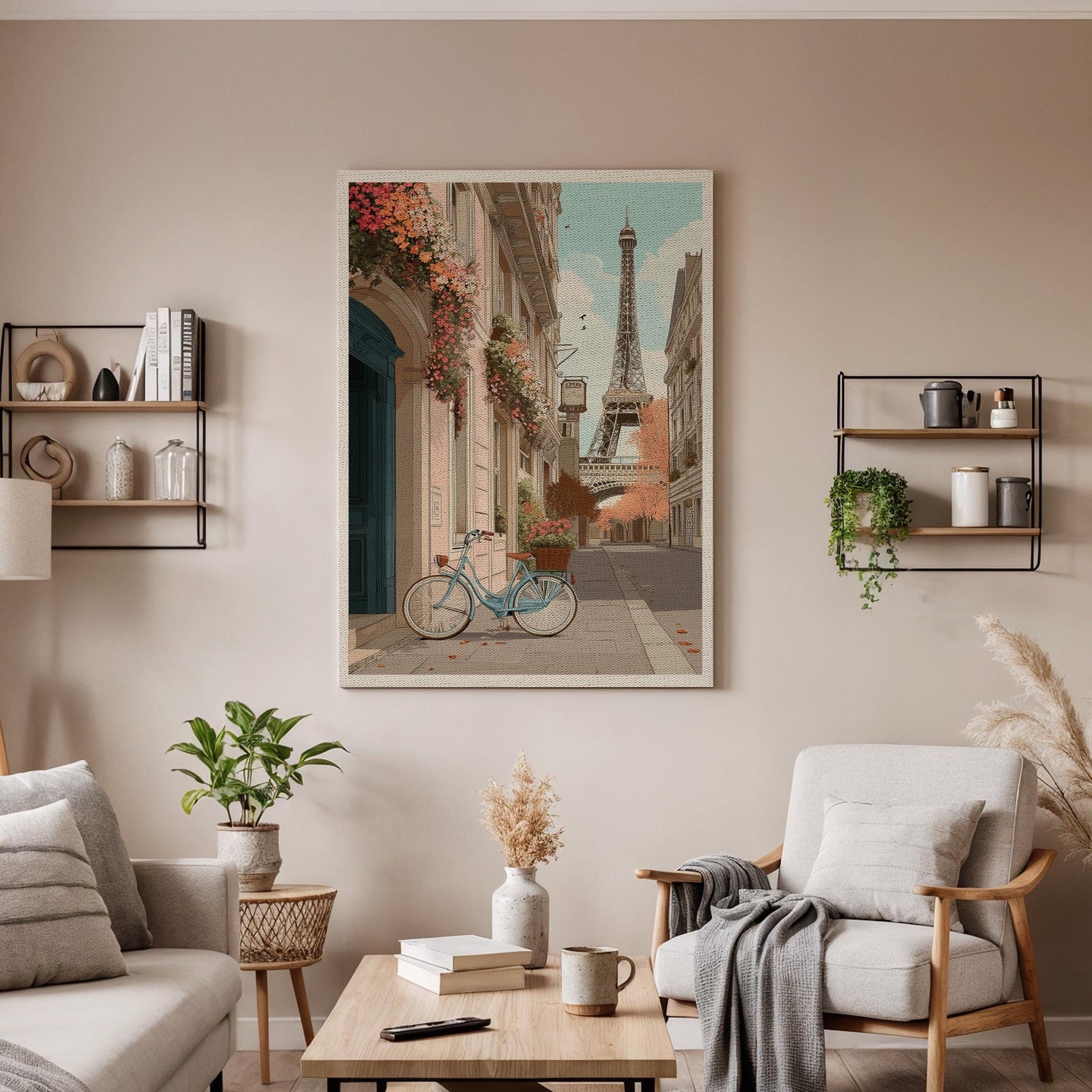 Paris Street Canvas Wall Art, Eiffel Tower Illustration, Vintage Bicycle Print, Romantic French Cityscape, Framed Artwork for Living Room