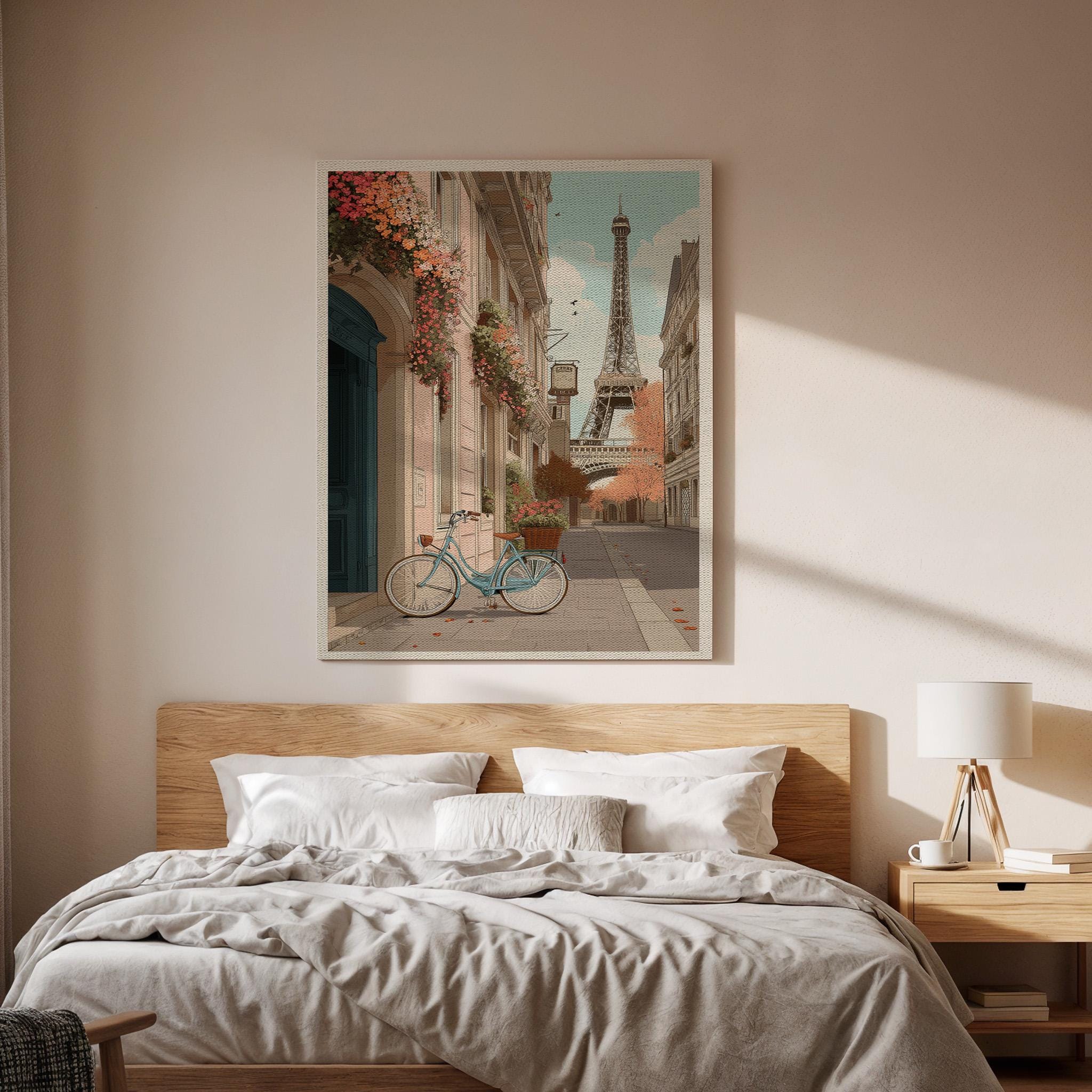 Paris Street Canvas Wall Art, Eiffel Tower Illustration, Vintage Bicycle Print, Romantic French Cityscape, Framed Artwork for Living Room