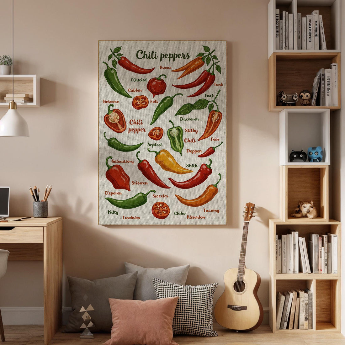 Chili Peppers Canvas Wall Art, Colorful Kitchen Print, Vintage Style Vegetable Illustration, Framed Food Artwork for Dining Room, Restaurant