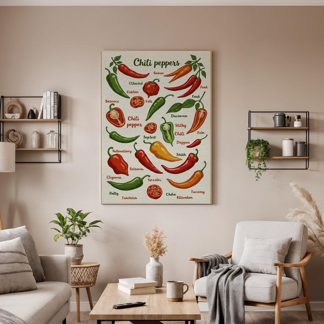 Chili Peppers Canvas Wall Art, Colorful Kitchen Print, Vintage Style Vegetable Illustration, Framed Food Artwork for Dining Room, Restaurant