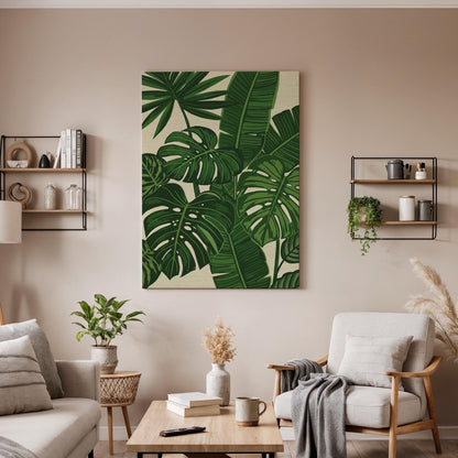 Tropical Monstera Canvas Wall Art, Green Leaf Botanical Print, Jungle Plant Illustration, Framed Modern Nature Artwork for Living Room