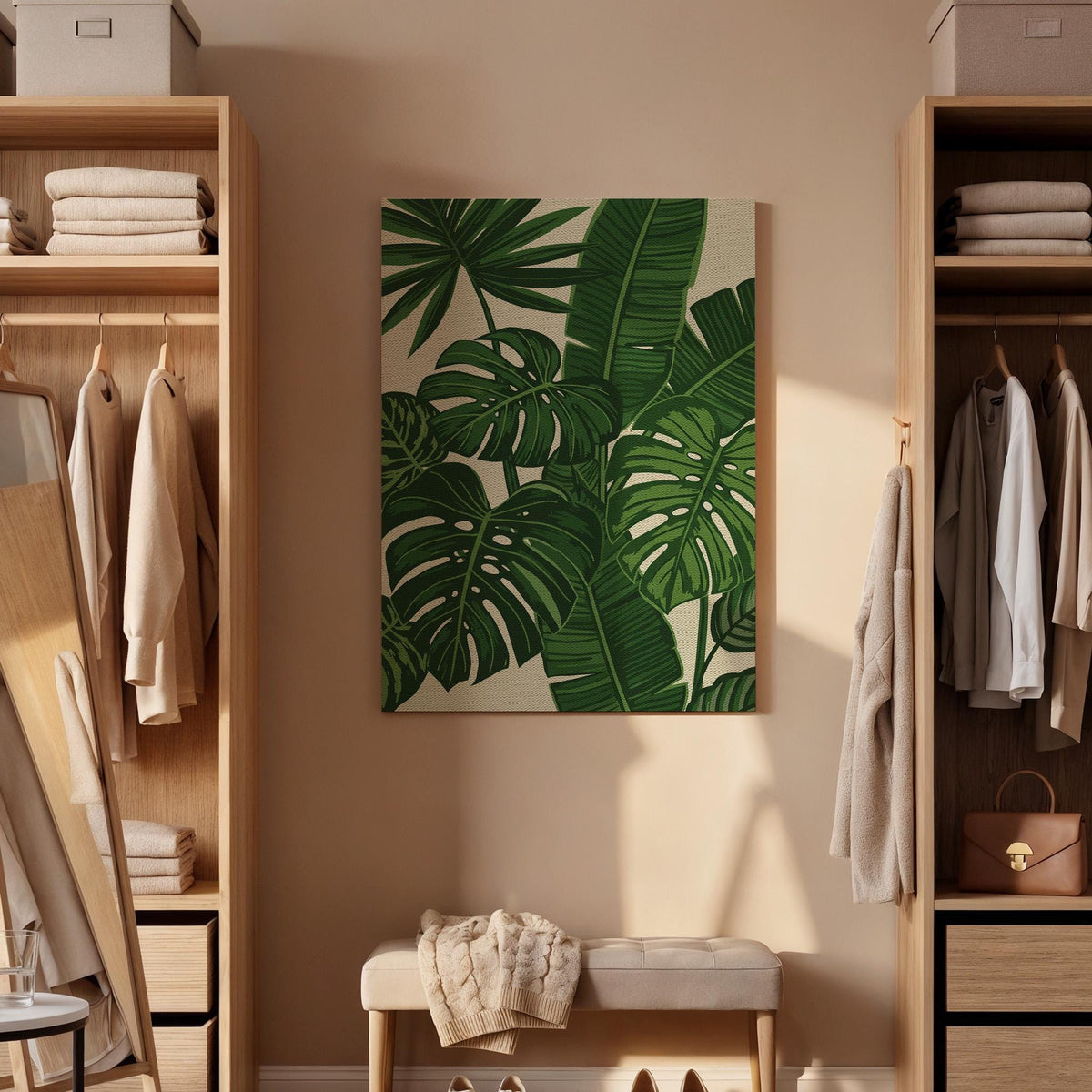 Tropical Monstera Canvas Wall Art, Green Leaf Botanical Print, Jungle Plant Illustration, Framed Modern Nature Artwork for Living Room