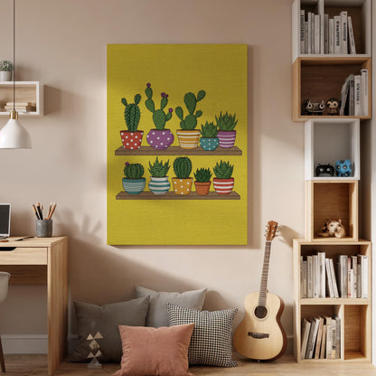 Colorful Cactus Canvas Wall Art, Succulent Plant Print, Potted Greenery Illustration, Framed Botanical Artwork for Kitchen Bedroom