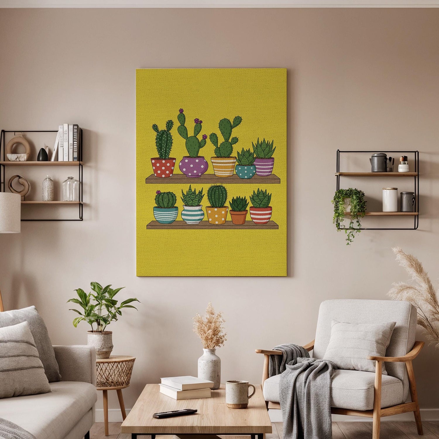 Colorful Cactus Canvas Wall Art, Succulent Plant Print, Potted Greenery Illustration, Framed Botanical Artwork for Kitchen Bedroom