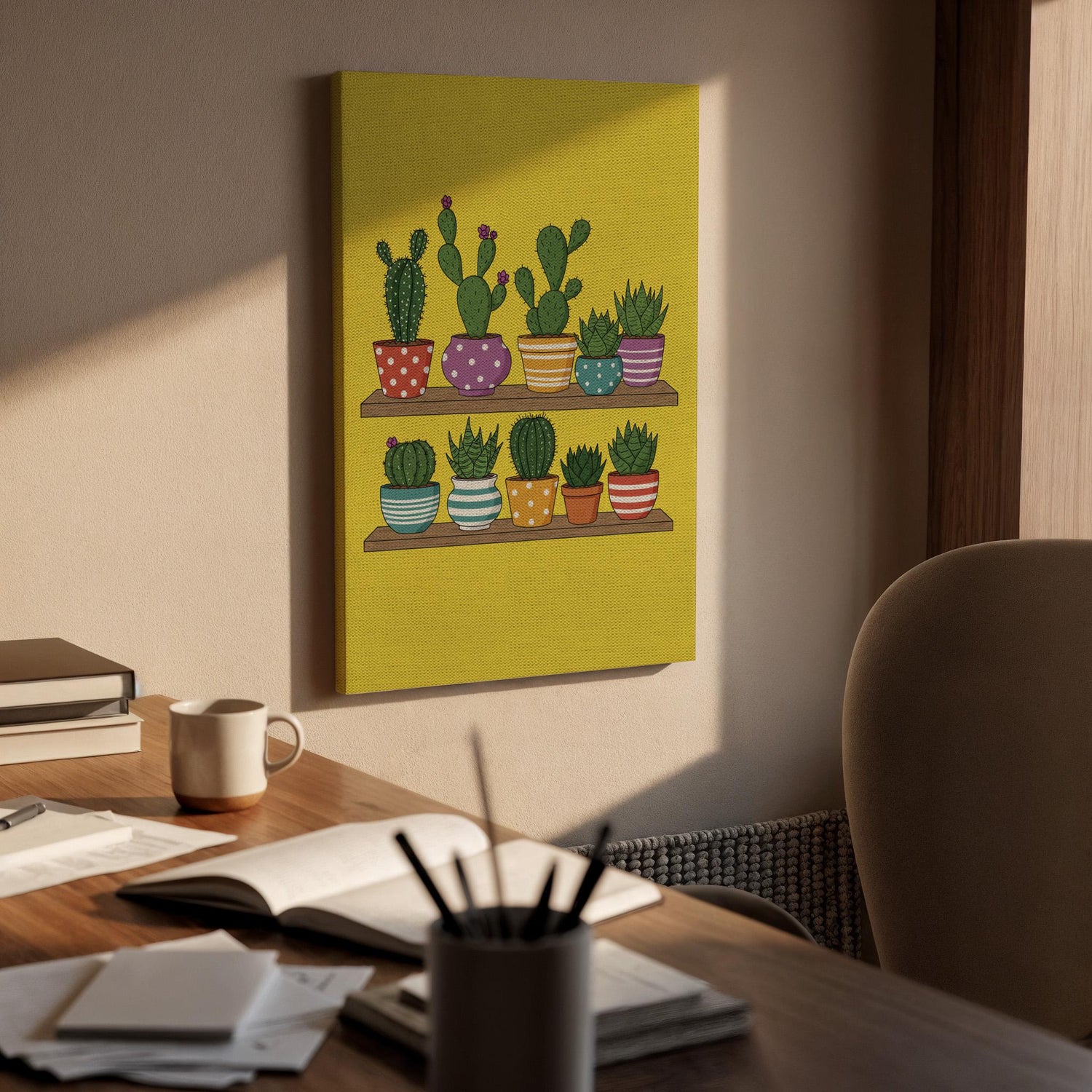 Colorful Cactus Canvas Wall Art, Succulent Plant Print, Potted Greenery Illustration, Framed Botanical Artwork for Kitchen Bedroom
