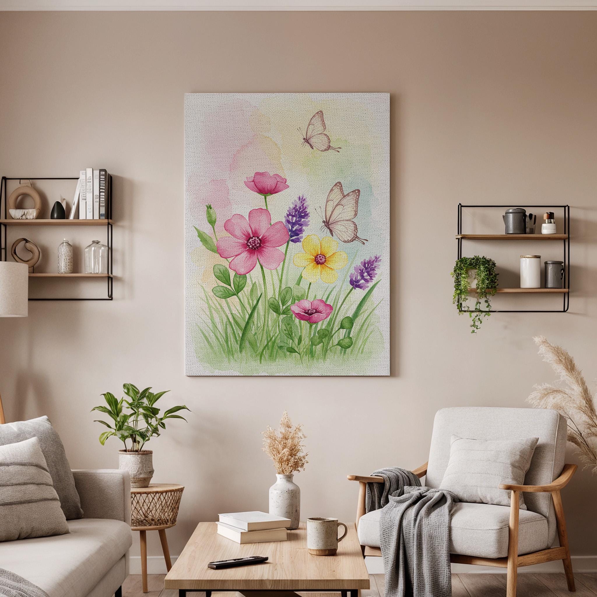 Butterfly and Flower Canvas Print, Watercolor Botanical Wall Art