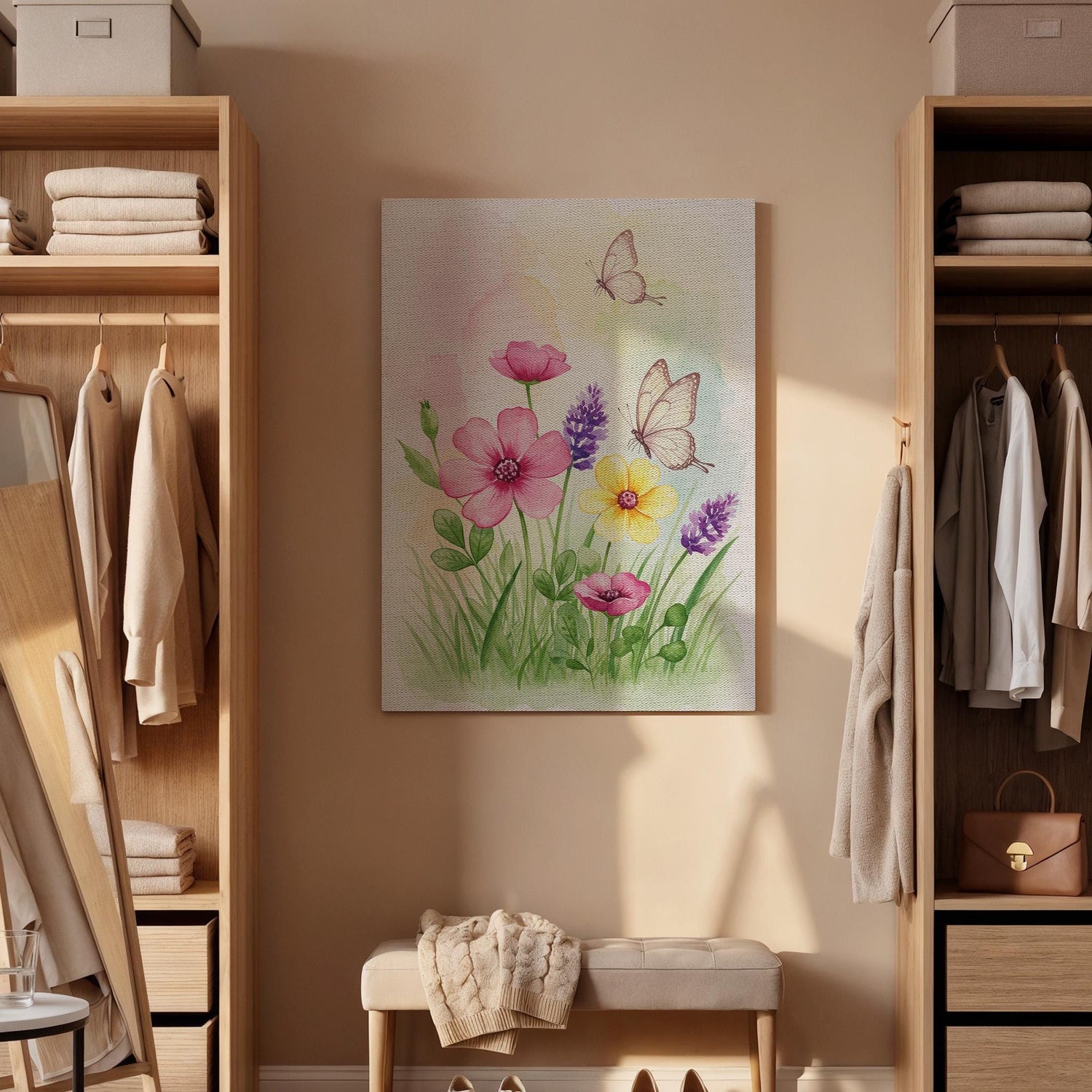 Butterfly and Flower Canvas Print, Watercolor Botanical Wall Art