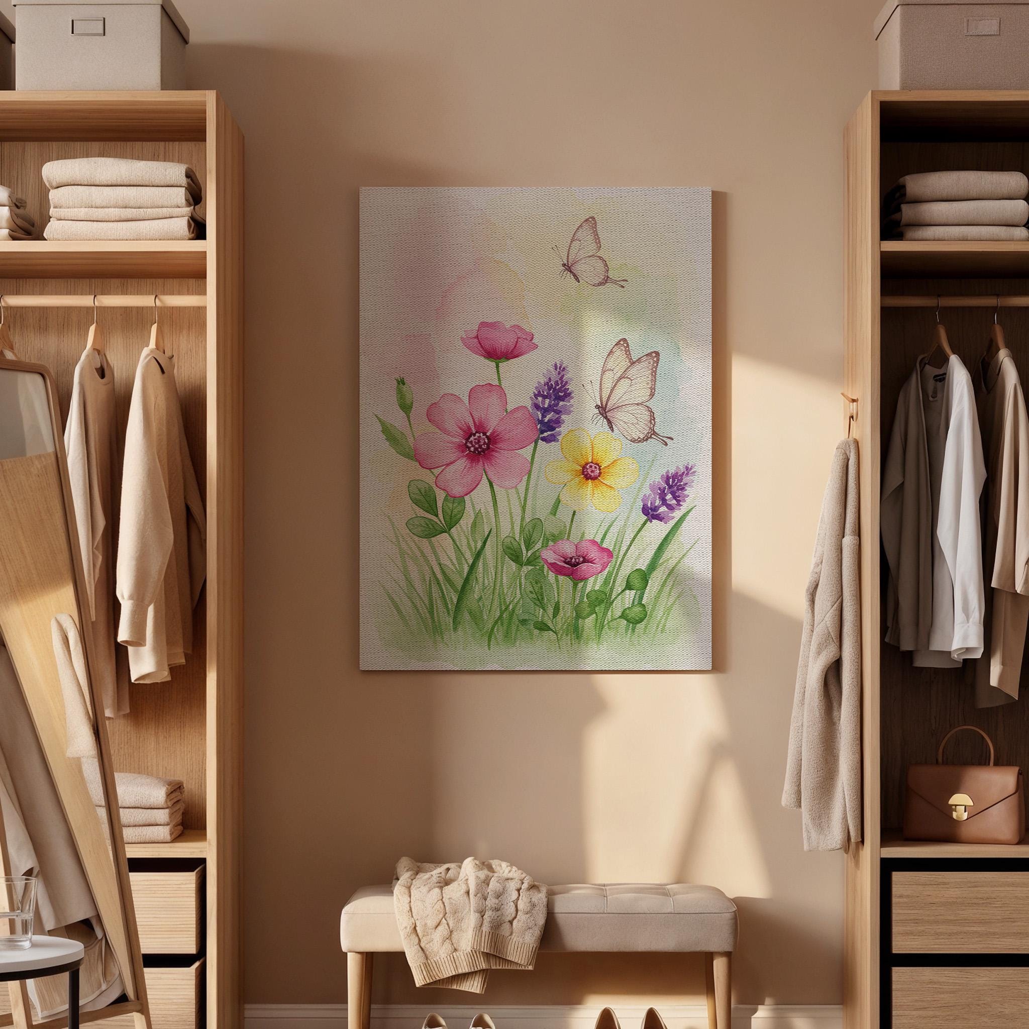 Butterfly and Flower Canvas Print, Watercolor Botanical Wall Art