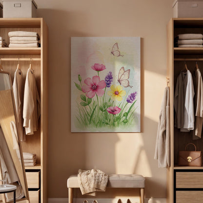 Butterfly and Flower Canvas Print, Watercolor Botanical Wall Art