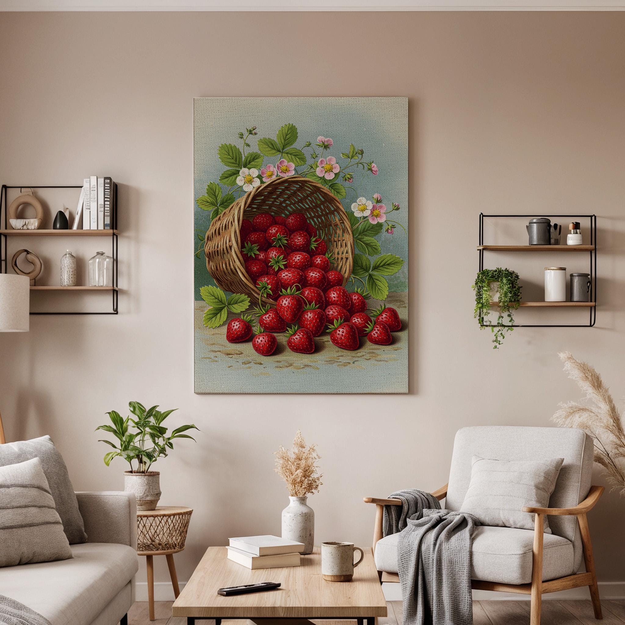 Strawberry Basket Canvas Wall Art, Rustic Kitchen Print, Fresh Fruit Illustration, Framed Country Artwork for Dining Room or Kitchen Decor