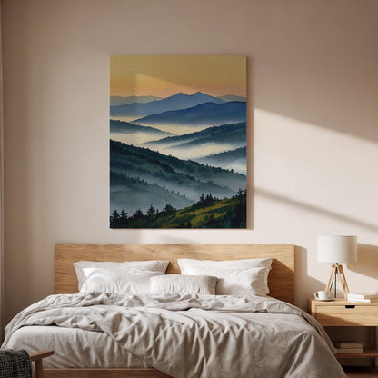 Misty Mountain Landscape Canvas Wall Art, Blue Green Nature Print, Framed Scenic Artwork for Living Room Bedroom or Office Wall Decoration