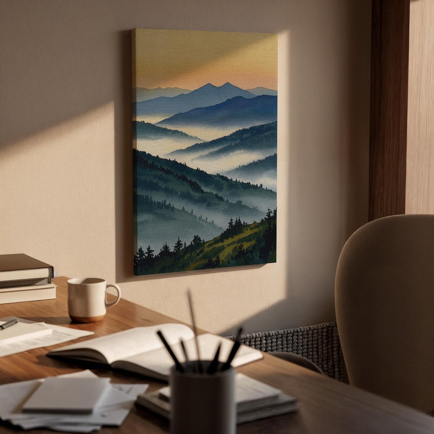 Misty Mountain Landscape Canvas Wall Art, Blue Green Nature Print, Framed Scenic Artwork for Living Room Bedroom or Office Wall Decoration