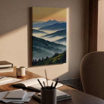 Misty Mountain Landscape Canvas Wall Art, Blue Green Nature Print, Framed Scenic Artwork for Living Room Bedroom or Office Wall Decoration
