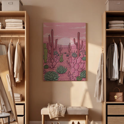 Pink Desert Cactus Canvas Wall Art, Succulent Landscape Print, Southwestern Nature Artwork Framed for Living Room Bedroom or Boho Home Decor