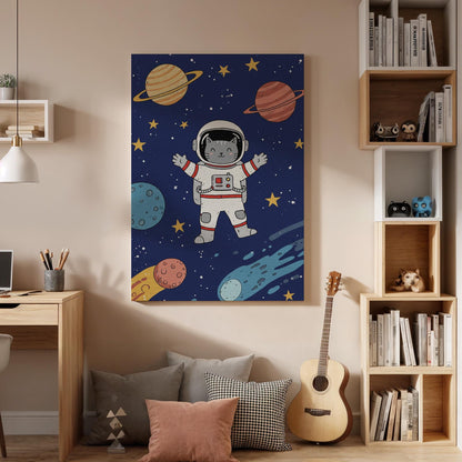 Astronaut Cat Canvas Wall Art, Space Themed Kids Room Decor, Cute Cosmic Animal Print, Framed Galaxy Artwork with Planets and Stars