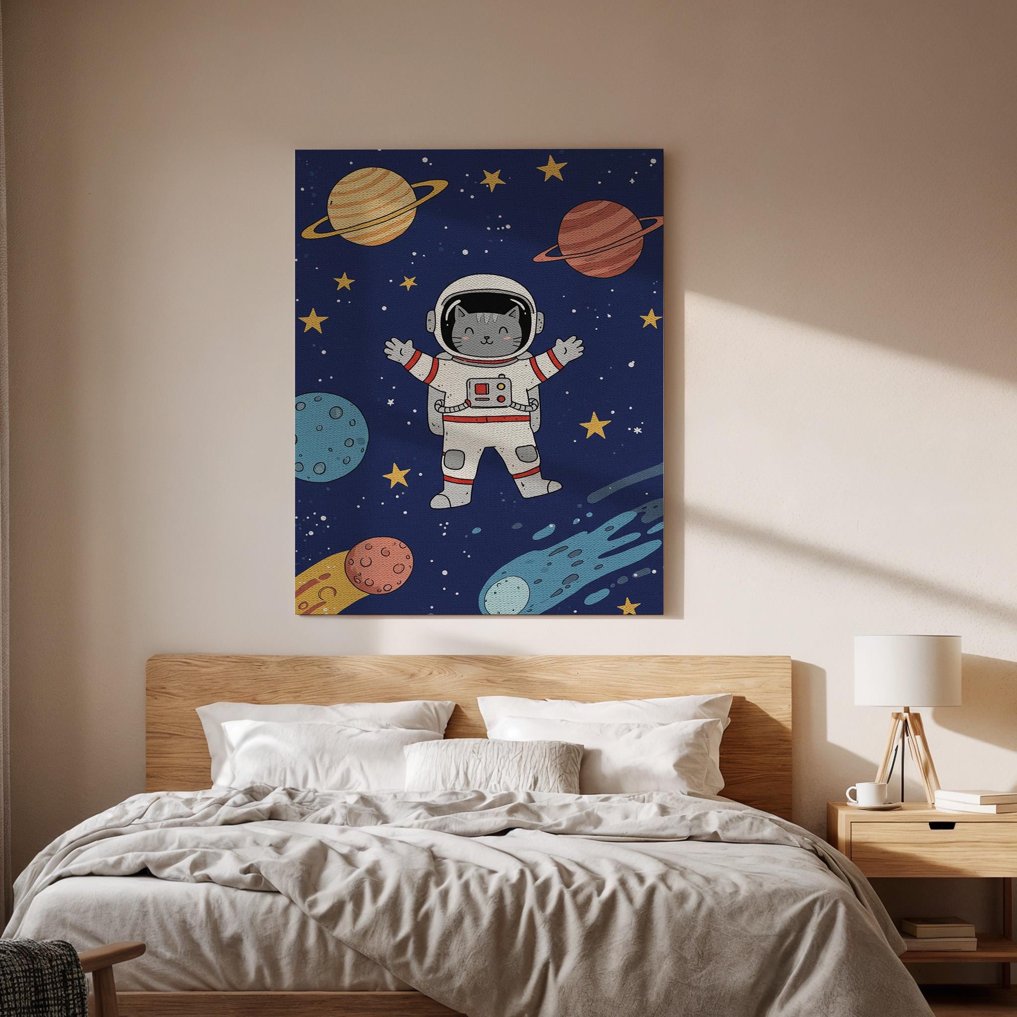 Astronaut Cat Canvas Wall Art, Space Themed Kids Room Decor, Cute Cosmic Animal Print, Framed Galaxy Artwork with Planets and Stars