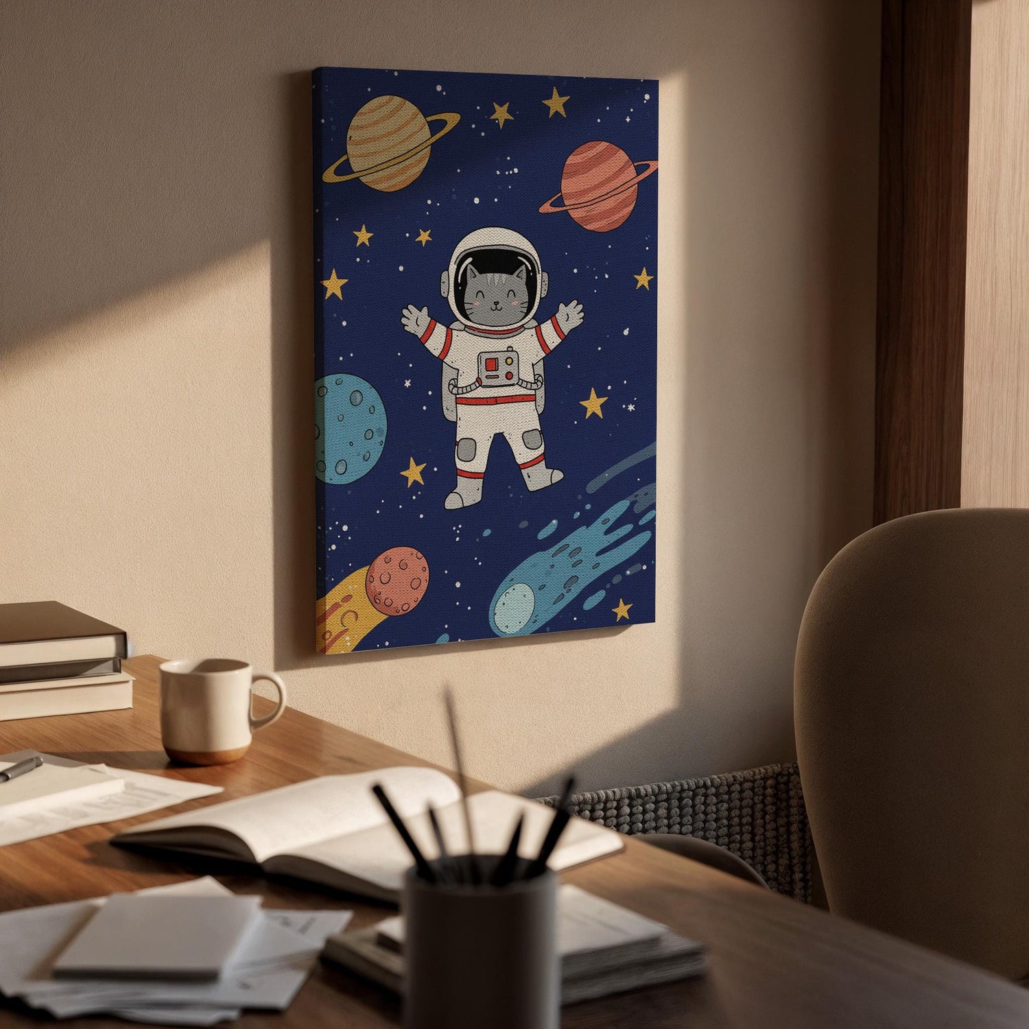 Astronaut Cat Canvas Wall Art, Space Themed Kids Room Decor, Cute Cosmic Animal Print, Framed Galaxy Artwork with Planets and Stars