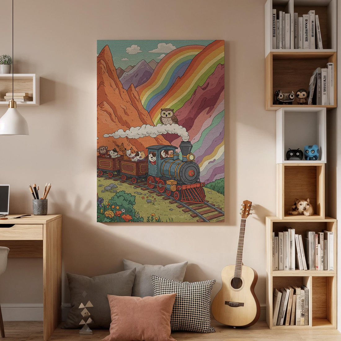 Rainbow Train Canvas Wall Art, Cute Animal Illustration Print, Whimsical Kids Room Decor, Framed Fantasy Artwork with Mountains,Colorful Sky