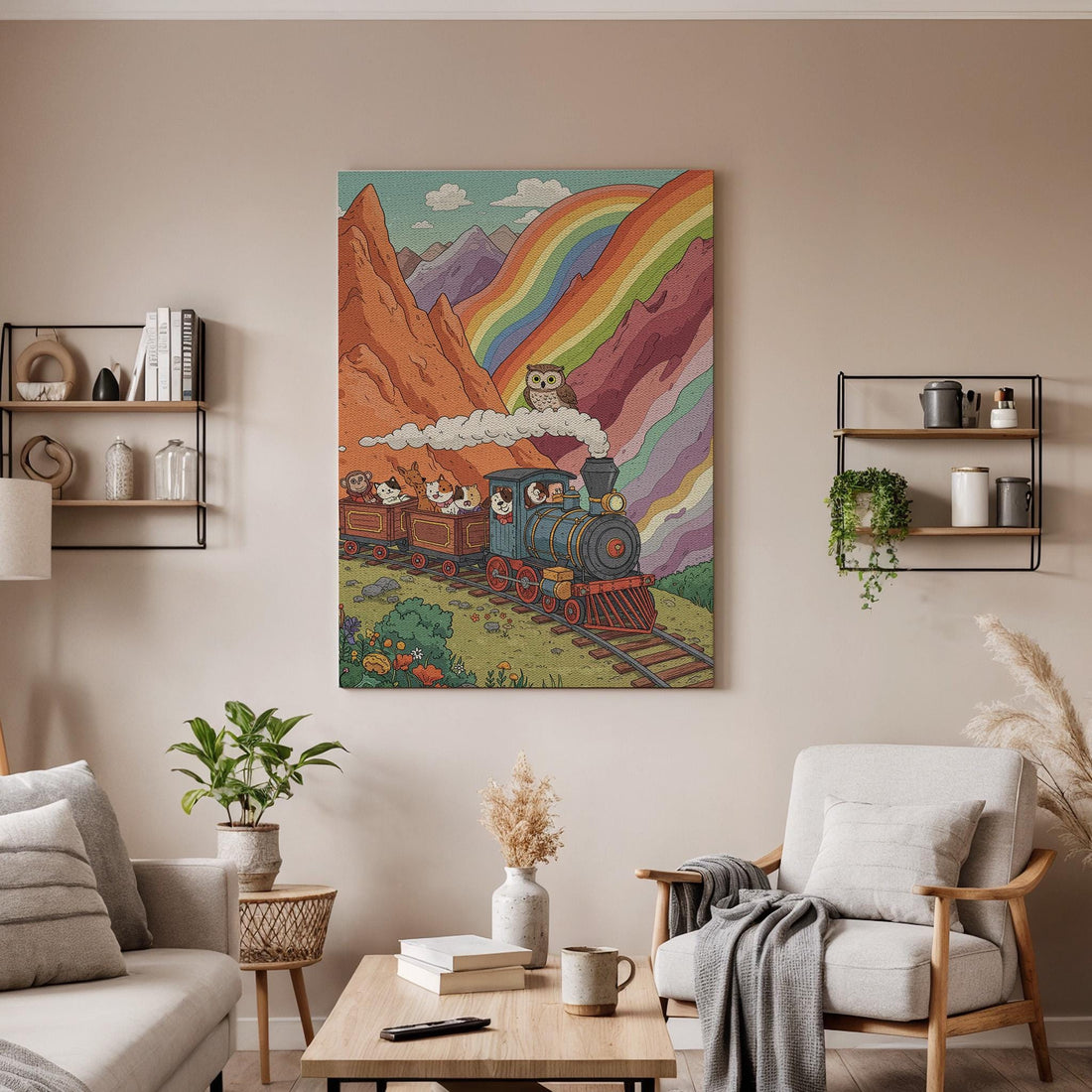 Rainbow Train Canvas Wall Art, Cute Animal Illustration Print, Whimsical Kids Room Decor, Framed Fantasy Artwork with Mountains,Colorful Sky