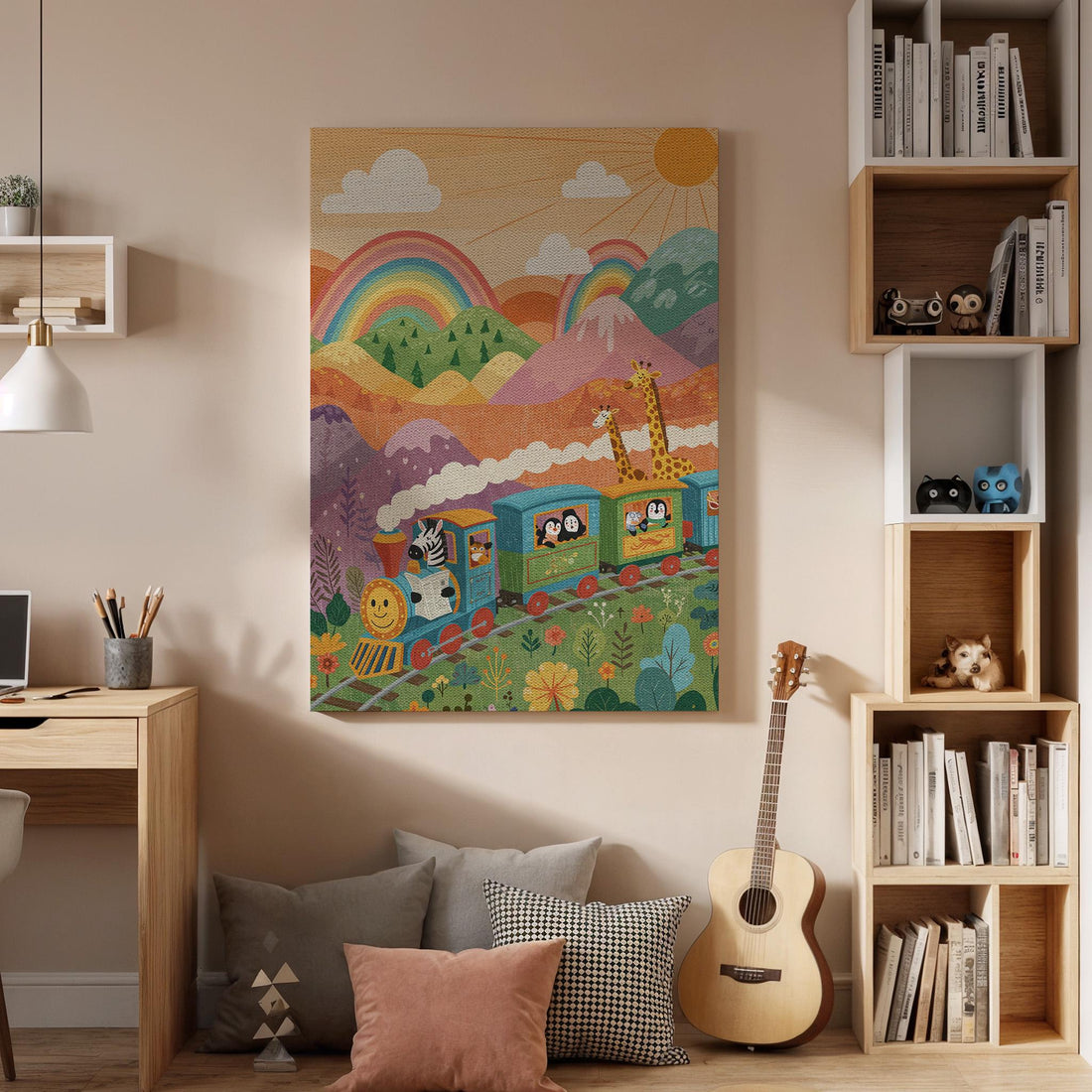 Rainbow Animal Train Canvas Wall Art, Whimsical Kids Room Decor, Colorful Nursery Illustration Print, Framed Playful Artwork with Mountains