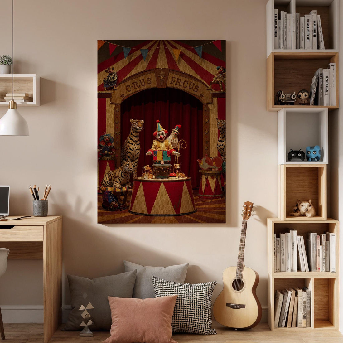 Circus Clown Canvas Wall Art, Vintage Carnival Print, Retro Big Top Decor with Tigers and Acrobats, Framed Whimsical Artwork for Living Room