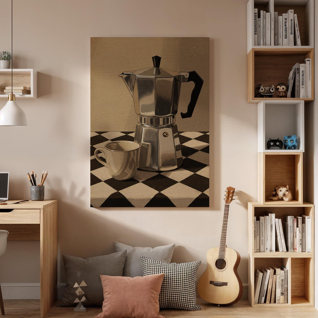 Coffee Pot Canvas Wall Art, Retro Kitchen Print with Cup, Rustic Cafe Decor, Vintage Coffee Maker Artwork, Framed Dining Room or Coffee Bar