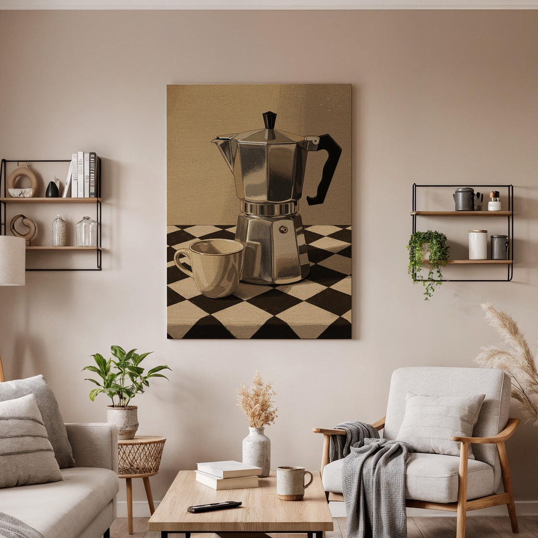 Coffee Pot Canvas Wall Art, Retro Kitchen Print with Cup, Rustic Cafe Decor, Vintage Coffee Maker Artwork, Framed Dining Room or Coffee Bar