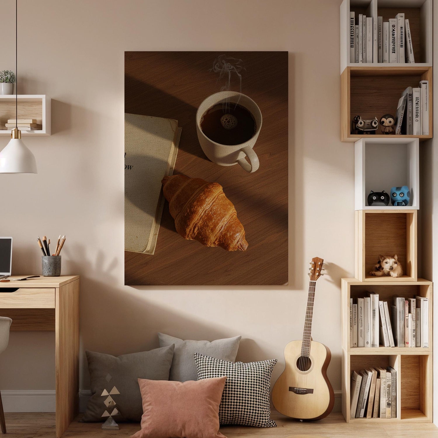 Coffee and Croissant Canvas Wall Art, Breakfast Kitchen Print, Rustic Cafe Decor with Book and Pastry, Framed Artwork for Dining Room