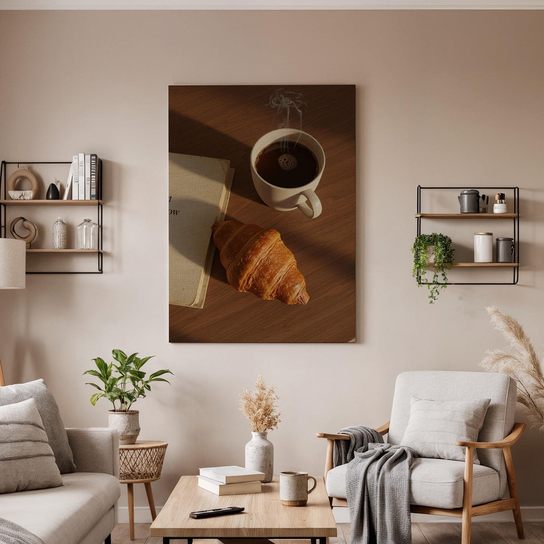 Coffee and Croissant Canvas Wall Art, Breakfast Kitchen Print, Rustic Cafe Decor with Book and Pastry, Framed Artwork for Dining Room