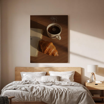 Coffee and Croissant Canvas Wall Art, Breakfast Kitchen Print, Rustic Cafe Decor with Book and Pastry, Framed Artwork for Dining Room
