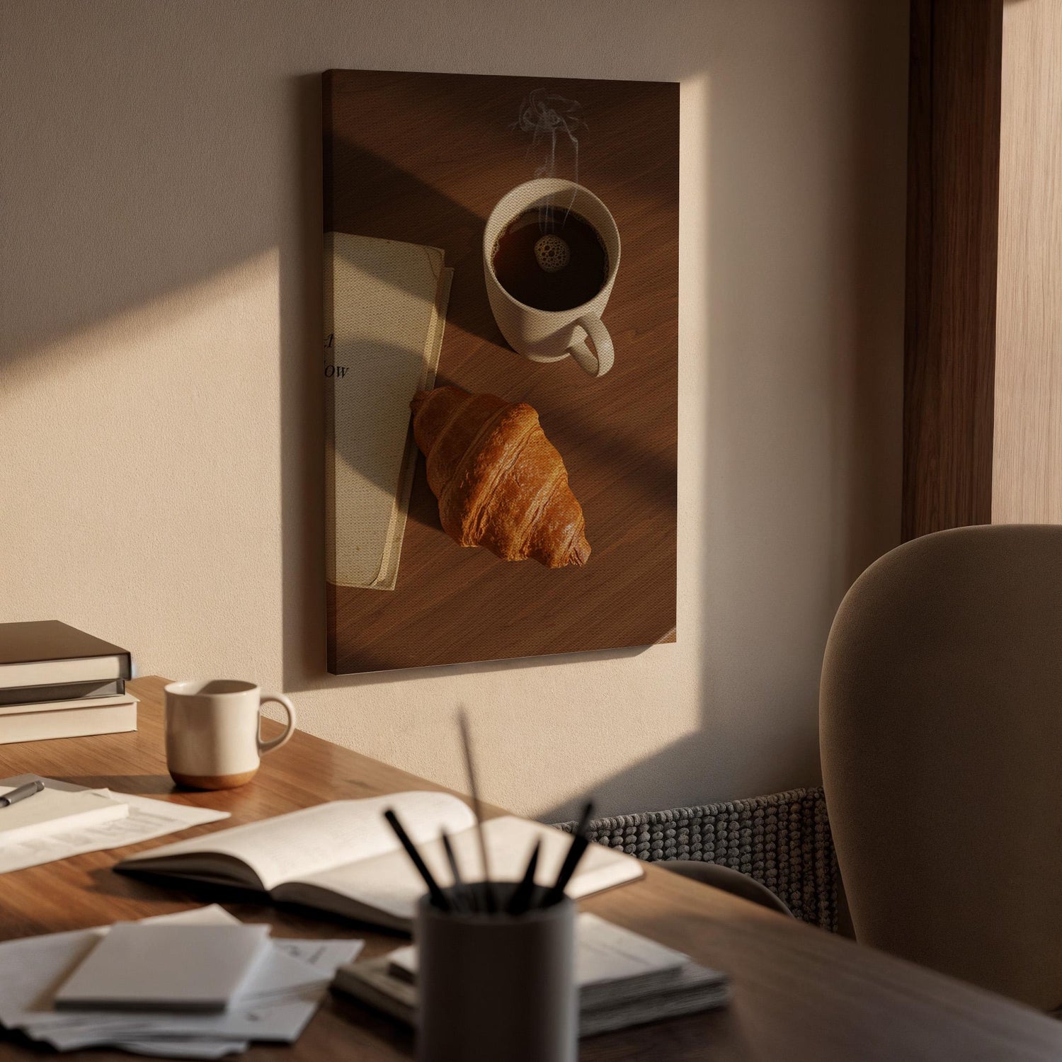 Coffee and Croissant Canvas Wall Art, Breakfast Kitchen Print, Rustic Cafe Decor with Book and Pastry, Framed Artwork for Dining Room