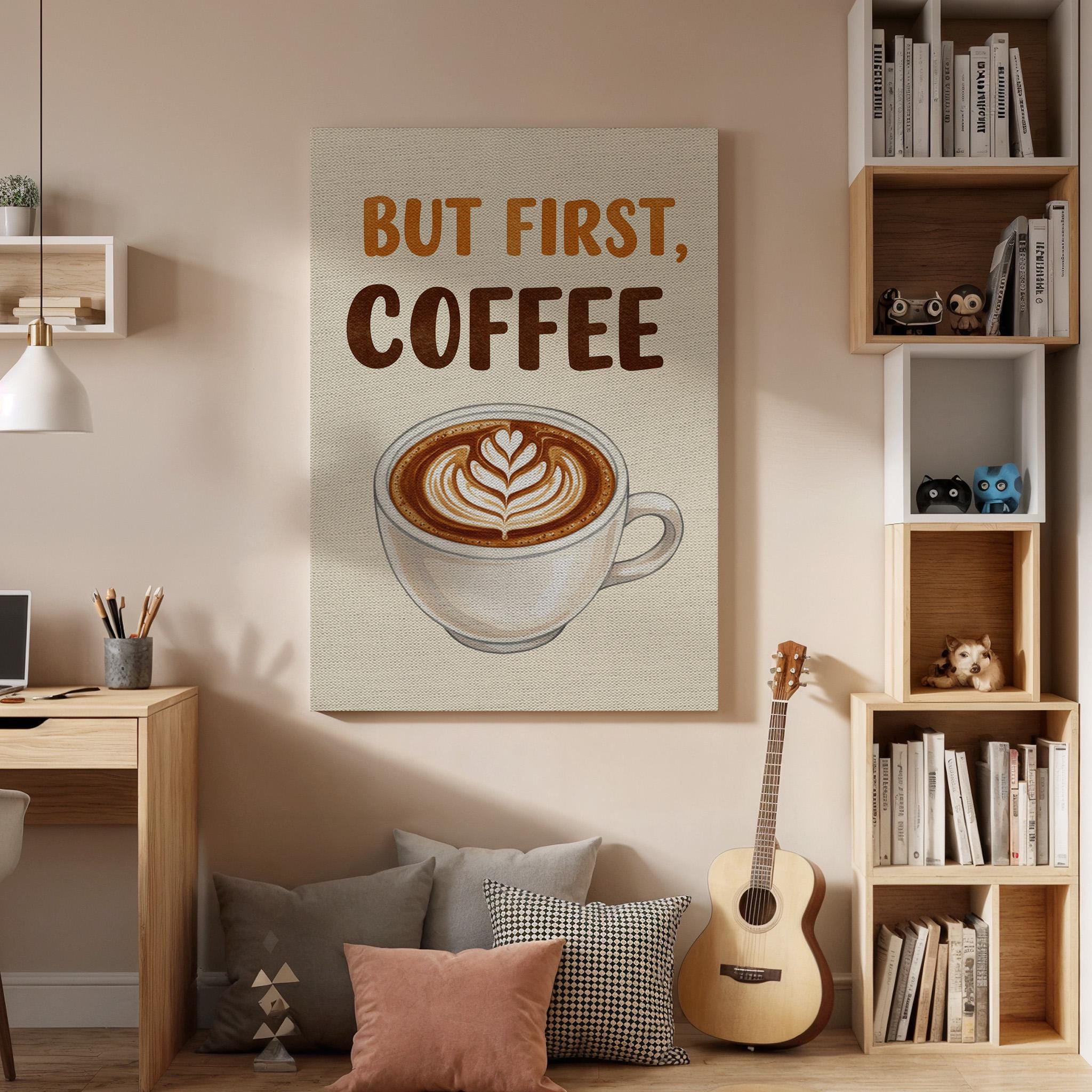 But First Coffee Canvas Wall Art, Rustic Kitchen Print with Latte Art, Modern Cafe Decor, Quote Typography Artwork, Framed Dining Room