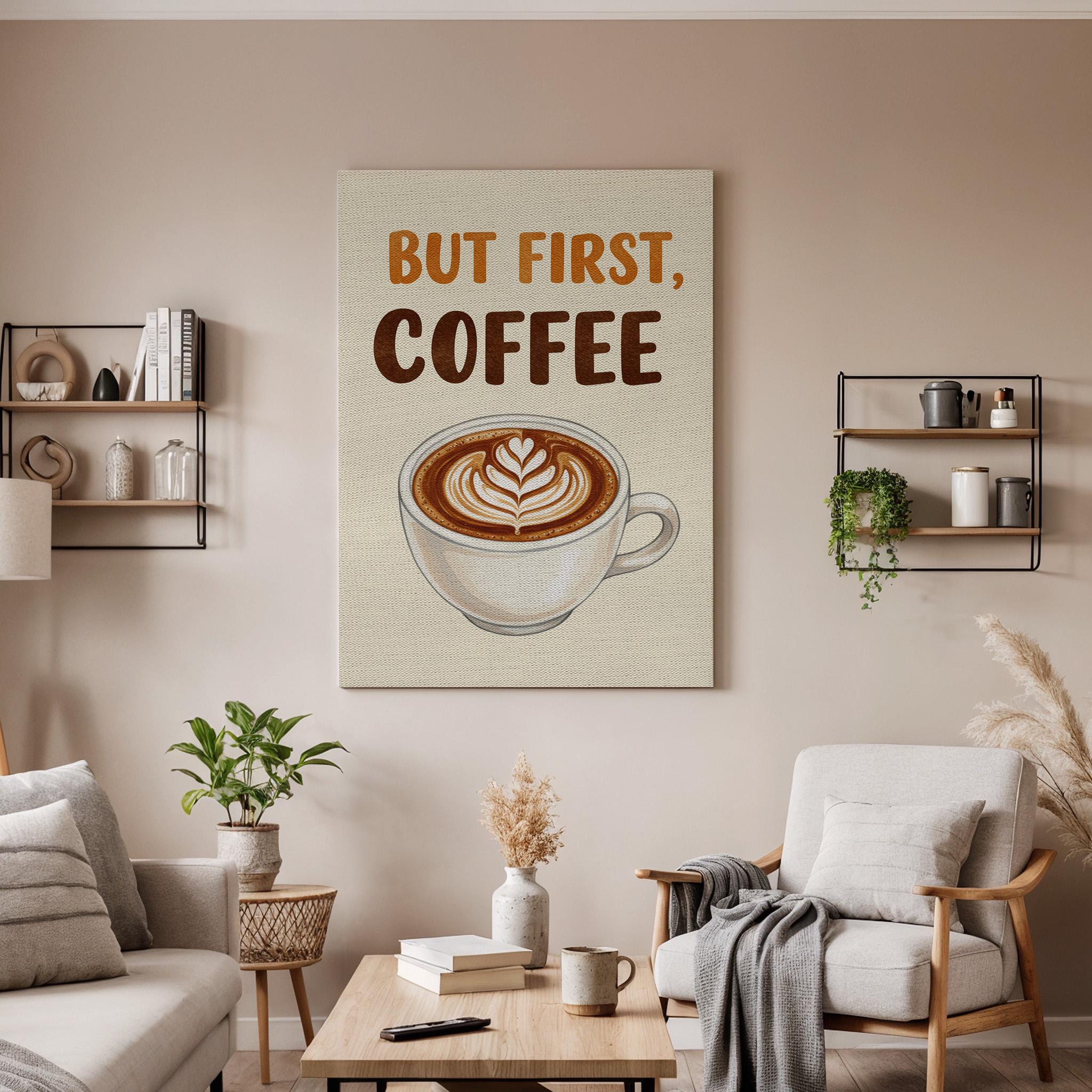 But First Coffee Canvas Wall Art, Rustic Kitchen Print with Latte Art, Modern Cafe Decor, Quote Typography Artwork, Framed Dining Room